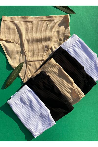 Freya Boutique Women's 6-Piece Cotton Black, White and Tan Color Ribbed Triangle Slip Panties