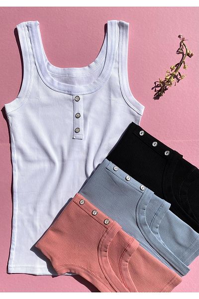 VicTroy Seta Bianca Ribbed 3-Piece Button Detailed Thick Strap Black, White and Dusty Rose Color Women's Undershirt 64V63