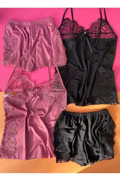 VicTroy 2-Piece Black and Dusty Rose Color Viscose Fabric Lace Nightgown Set with Transparent Sides