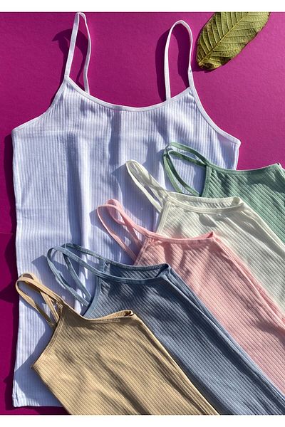 VicTroy Women's 6 Pieces of Rope Strap Cotton Ribbed Flexible Undershirt (White, Skin, Blue, Pink, Ecru and Green)