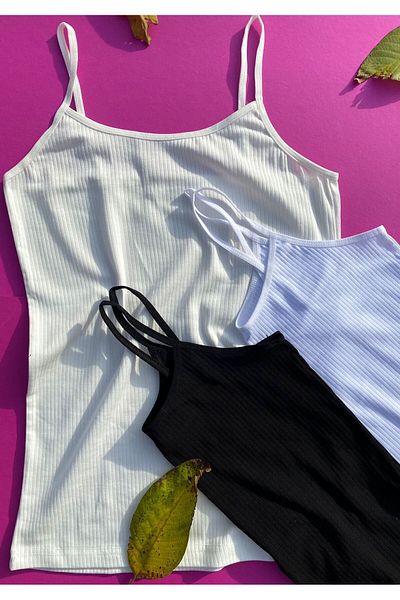 VicTroy Women's 3-Piece Rope Strap Cotton Lycra Corded Women's Undershirt (ecru, Black and White)