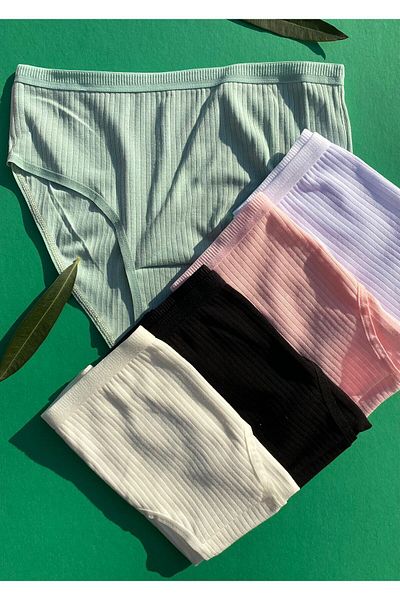 Freya Boutique Γυναικεία 5 τεμάχια βαμβακερά εκρού, πράσινα, μαύρα, λευκά και ροζ χρώματα με κορδόνια τριγωνικά σλιπ