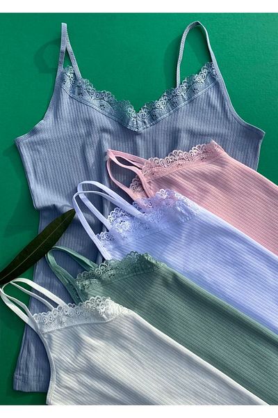 VicTroy V-Neck 5 Pieces Rope Strap Cotton Corded Lace Women's Undershirt ( Green, Blue, Ecru, Pink, White )