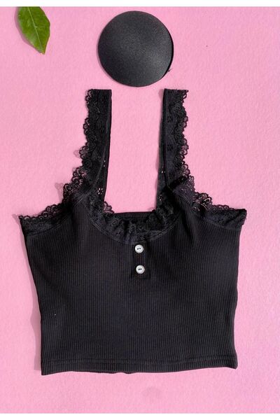 VicTroy Με μαξιλαράκι, λεπτομέρεια με κουμπιά Δαντέλα με λουράκι, βαμβακερό 2'li ασπρόμαυρο γυναικείο εσώρουχο 64V34