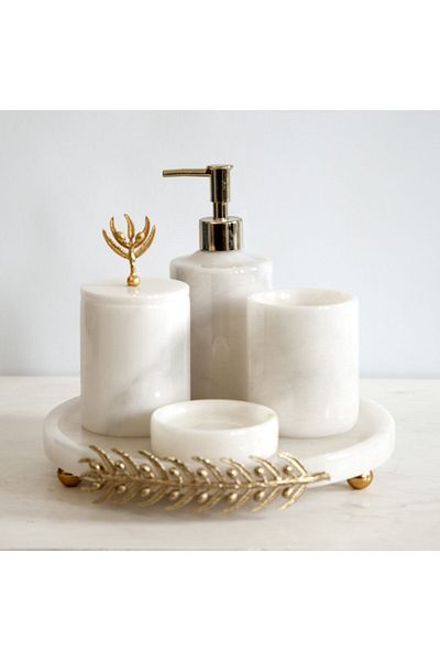 ege gross Decorative White Marble Gold Olive Branch Detailed 5-Piece Bathroom Set