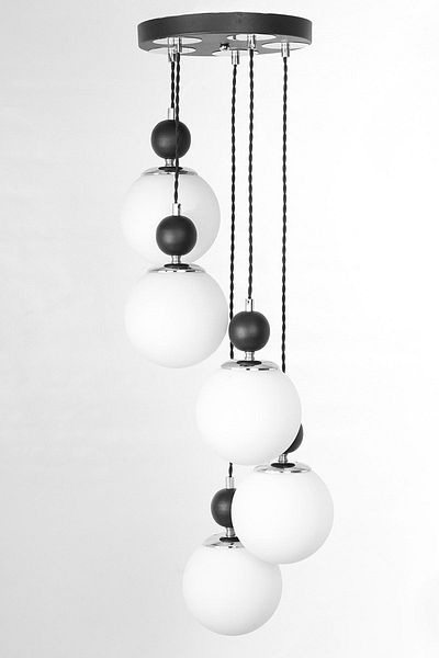 MŞ Aydınlatma Misket 5-Piece Black Chrome White Glass Pendant Lamp Chandelier