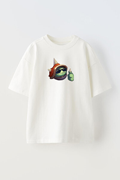 NMG TEKSTİL Unisex Beyaz Oversize Pamuk Rammus Lol Baskılı Örme T-shirt