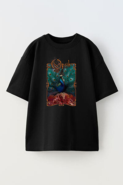 NMG TEKSTİL تي شيرت قطني أسود كبير الحجم مطبوع عليه طاووس Opeth للجنسين