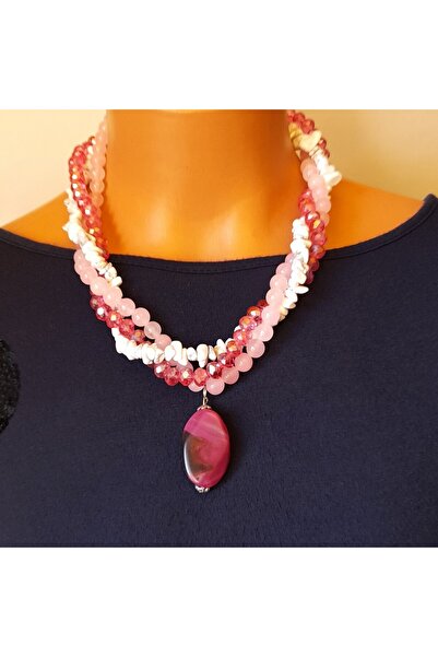 Asteria Elite Pembe Kuvars Havlit Kristal 3 Sıralı Huzur Ve Iletişim Kolyesi