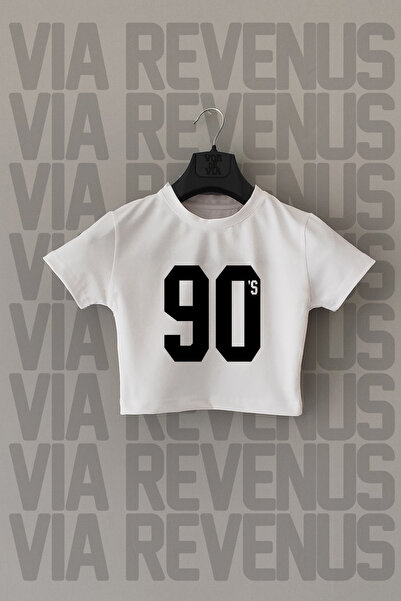 Vordevia Top scurt alb, croială mulată, cu lycra, guler rotund și imprimeu „9...