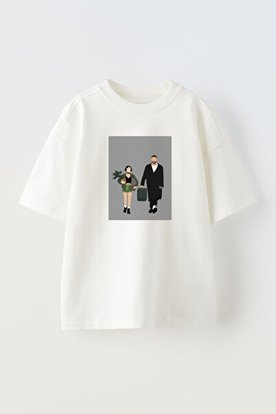 NMG TEKSTİL White Oversize Cotton T-shirt for Men and Women - Walking Printed