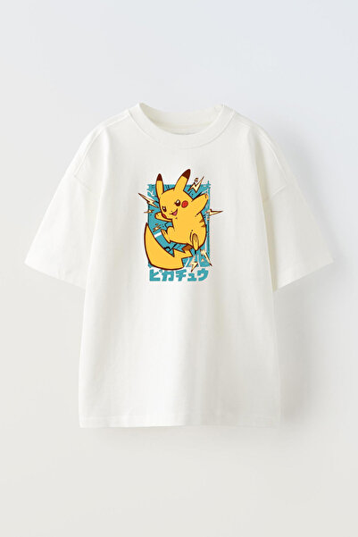 NMG TEKSTİL Electric Pikachu Printed Unisex White Oversize Cotton T-shirt