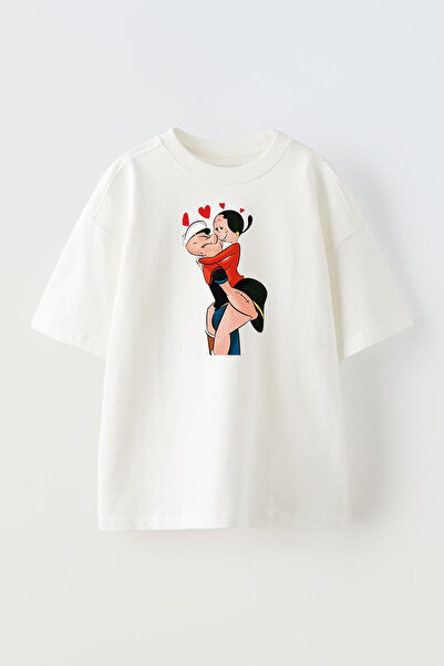 NMG TEKSTİL Unisex White Oversize Cotton Safinaz Popeye Love Printed Knitted ...