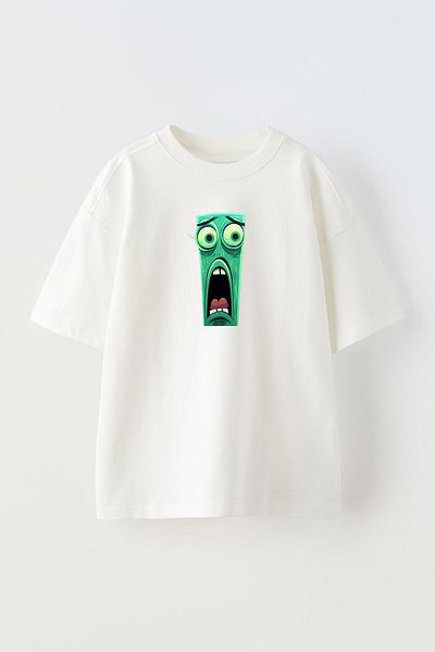 NMG TEKSTİL Πλεκτό μπλουζάκι Unisex Λευκό Oversize Βαμβακερό Πράσινο Confused Creature με στάμπα