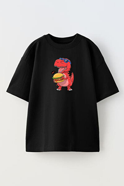 NMG TEKSTİL تي شيرت همبرغر أسود كبير الحجم مطبوع عليه ديناصور - قطن محبوك للج...