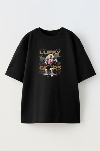 NMG TEKSTİL Unisex Black Oversize Cotton Luffy Gym Printed Knitted T-Shirt