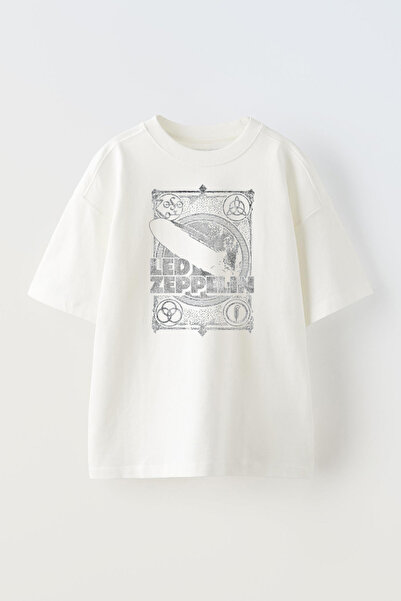 NMG TEKSTİL Unisex Beyaz Oversize Pamuk Led Zeppelin Baskılı Örme T-shirt