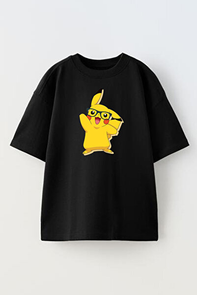 NMG TEKSTİL تي شيرت قطني أسود كبير الحجم مطبوع عليه بيكاتشو للجنسين