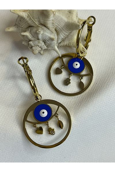 Maris by Deniz Evil eye beaded dangle steel ring earrings