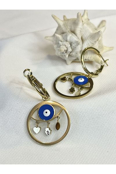 Maris by Deniz Evil eye beaded dangle steel ring earrings