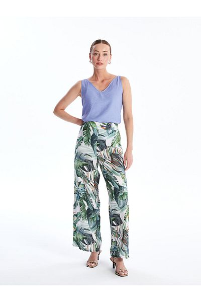 LC Waikiki Gemusterte, bequeme, geformte Damenhose mit elastischem Bund
