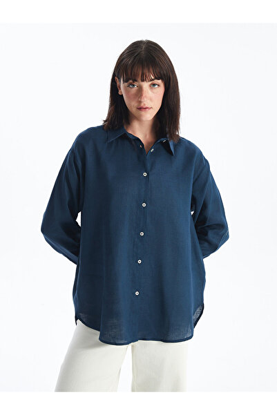 LC Waikiki Lněná oversize dámská košile – jednobarevné s dlouhým rukávem