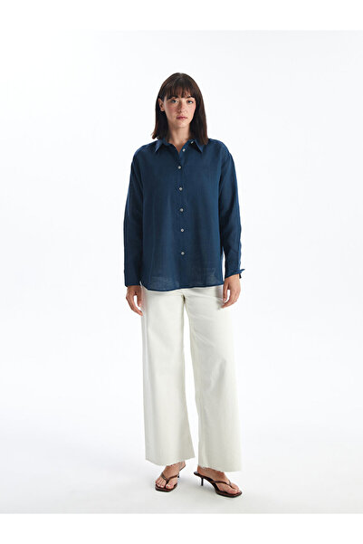 LC Waikiki Lněná oversize dámská košile – jednobarevné s dlouhým rukávem