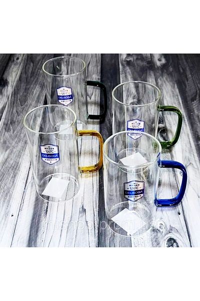 DİBA AVM 4 Pieces Brosilikat Glass Mug 400 Ml Heat Resistant 4-Piece Glass Cup with Handle
