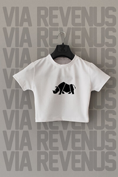 Vordevia Crop Lycra alb - cu imprimeu cu rinocer, croială îngustă, guler rotund