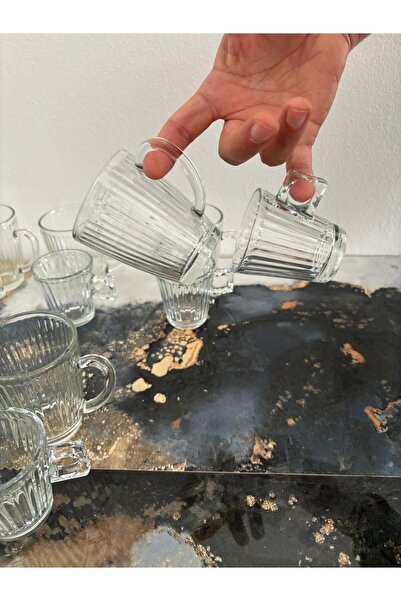 DİBA AVM 12 Pieces * 6 Glass Coffee Side Cup 50 ml - 6 Glass Cup with Handle Cup Coffee Tea Cup 170ml