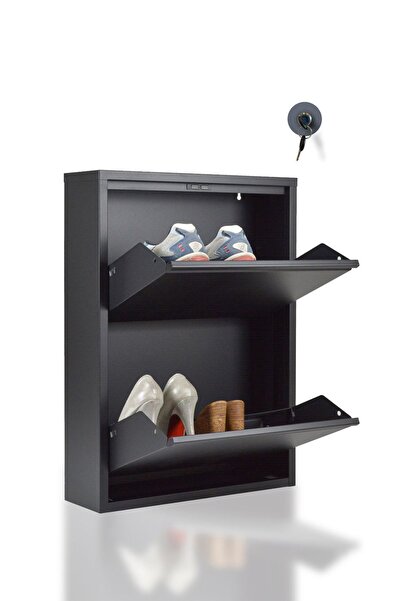 Moemi 2 Kapaklı Raflı Siyah Metal Ayakkabılık Kilit Mekanizmalı