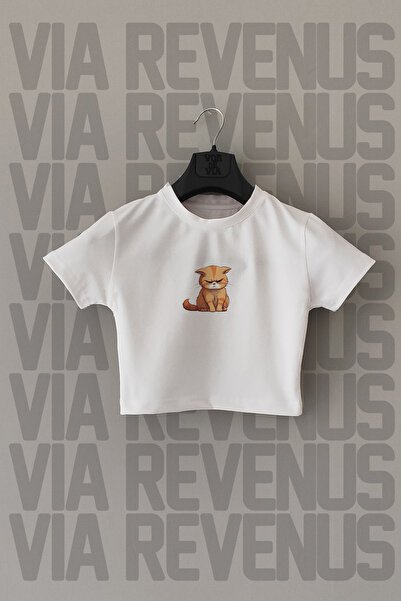 Vordevia Λευκό Crop - Lycra, Crew Neck, Cat Print