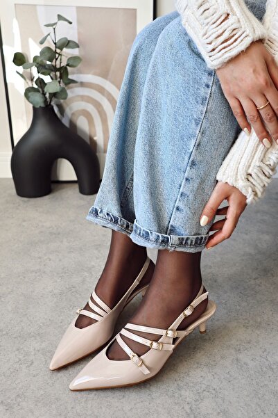 POLKA STORE Serena Pointed Toe Three-Stripe Buckle Beige Nude Patent Leather Heeled Women's Shoes