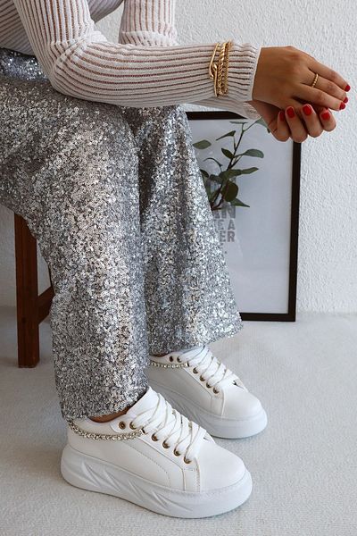POLKA STORE Comfortable Women's Sneakers with Stone Detail - Lace-up