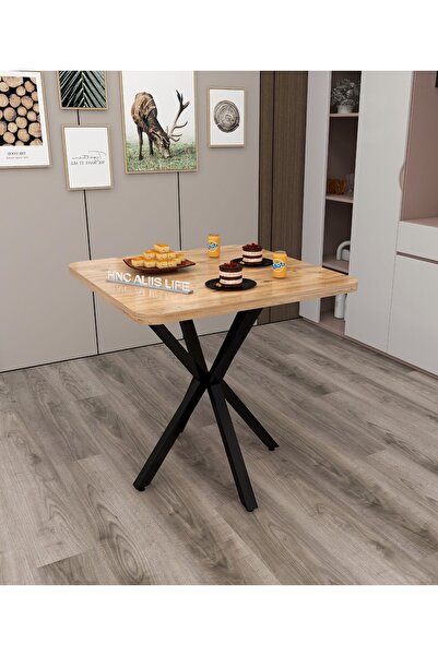 ALİİS LİFE 70x70 Cm Atlantik Çam X Metal Ayaklı Mutfak ,Yemek ,Cafe, Balkon Masası,