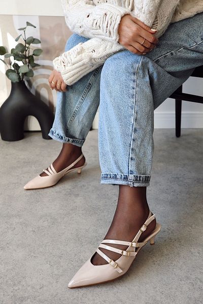 POLKA STORE Serena Pointed Toe Three-Stripe Buckle Beige Nude Patent Leather Heeled Women's Shoes