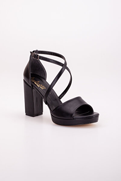 LİLLA Black Faux Leather - Platform and Banded Thick Heel Women's Shoes