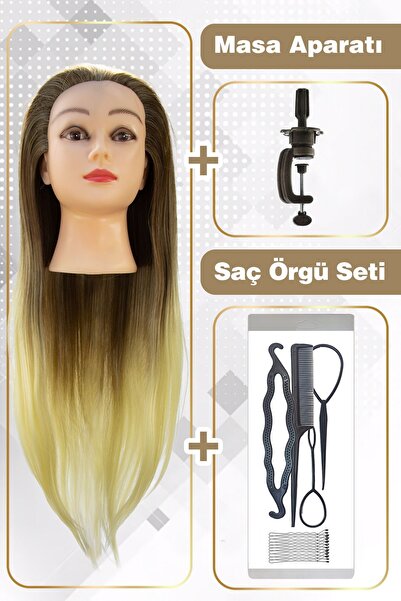 KONAK PERUK Kuaför Eğitim Mankeni + Masa Aparatı + Saç Örgü Seti - Kahverengi...