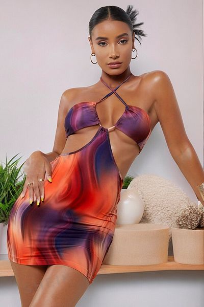 PER AMORE Colorful Design Low-cut Mini Dress