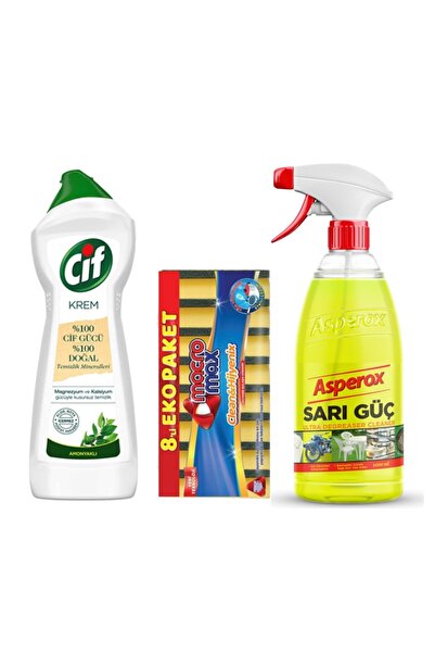 ASPEROX Sarı Güç Ultra Yağ Çözücü 1 Lt Sprey Cif Krem 500ml Macro Max 8'li Bulaşık Süngeri