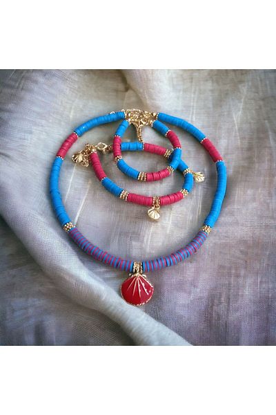 Denis Bujiteri Women's Red Blue Fimo 40cm Extension Necklace, 15cm Extension Bracelet and 20cm Extension Anklet Set