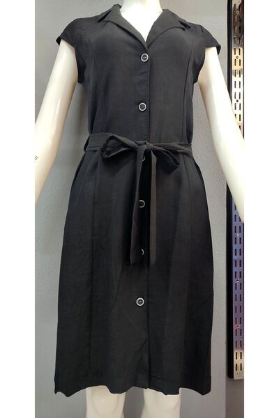 TOPSHOW فستان قميص كتان ميدي بحزام أزرق - تريند