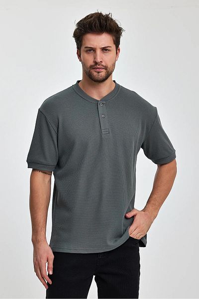 Rodi Jeans Men's Crew Neck Buttoned Khaki T-shirt - Relaxed Fit Honeycomb Woven
