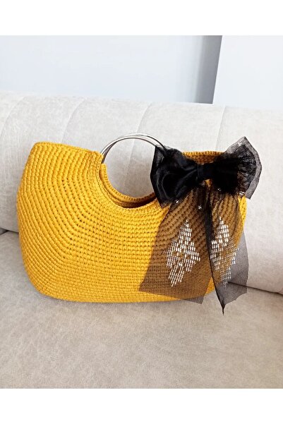 hobi duragı Raffia Rope Knitted Straw Day-To-Day and Beach Bag