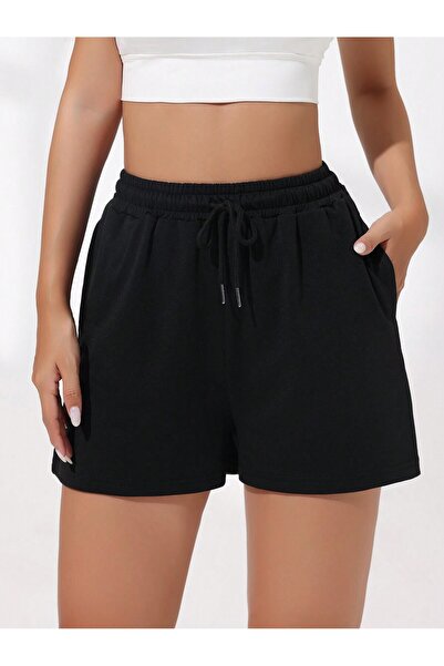 LUMİZA شورت نسائي أسود واسع القطع من القطن الممشط