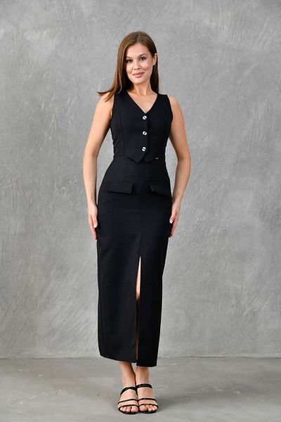 vuvutasarım Black Midi Evening Dress with Vest and Skirt Slit - 1866