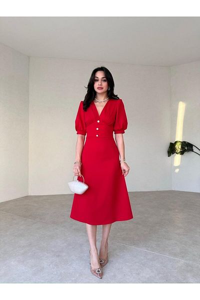 Afiş Butik Half Sleeve Midi Dress - Pearl Button Detail