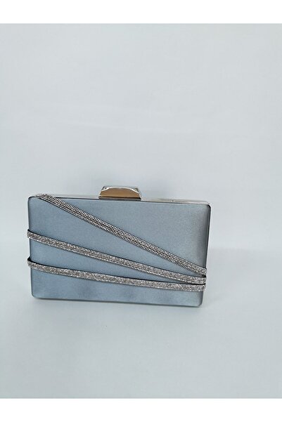 NAZART Geantă de seară din satin cu pietre, platină, clutch portofoliu damă.