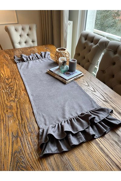 Decamor home Vintage Velvet Textured Hassle-Free Double Layer Ruffled Smoked Gray Runner