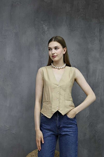GALAVİP Linen Cream V-Neck Summer Vest - Lined